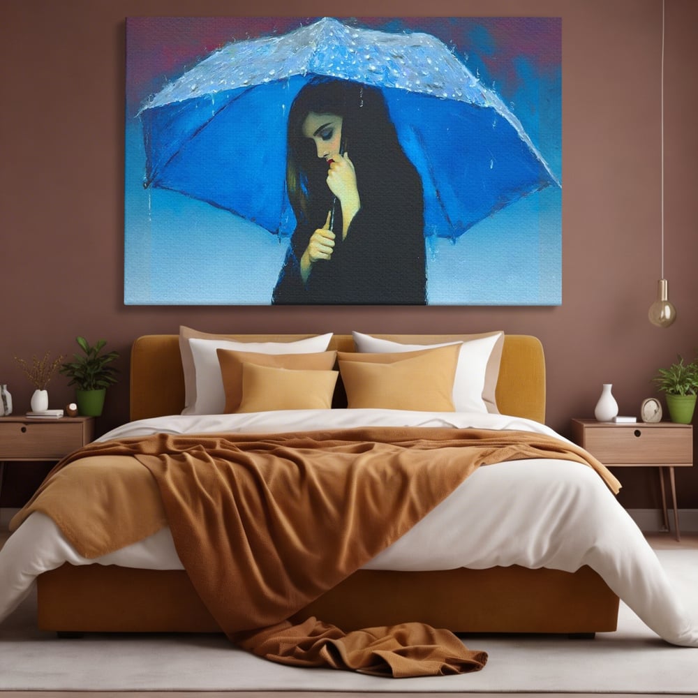 Tablou canvas cu pictura cu femeie sub umbrela albastra, fara rama, pe sasiu de lemn, pe perete intr-un dormitor